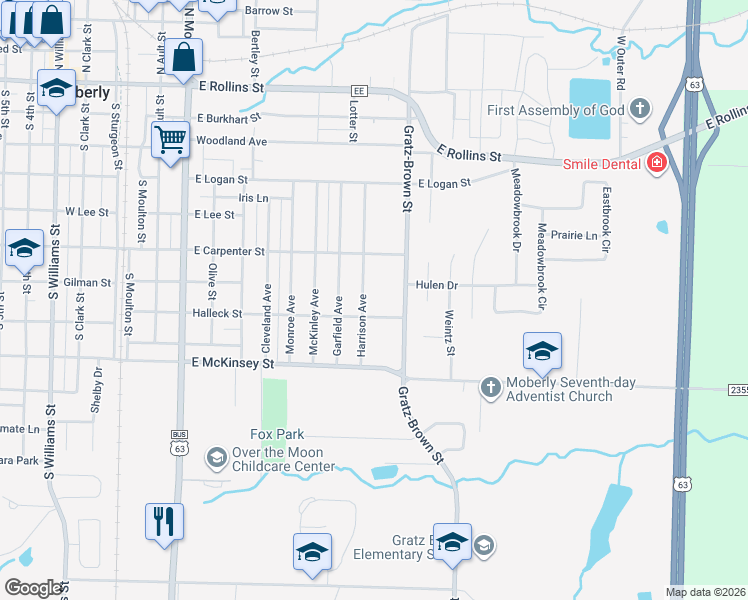 map of restaurants, bars, coffee shops, grocery stores, and more near 1001-1011 Halleck Street in Moberly