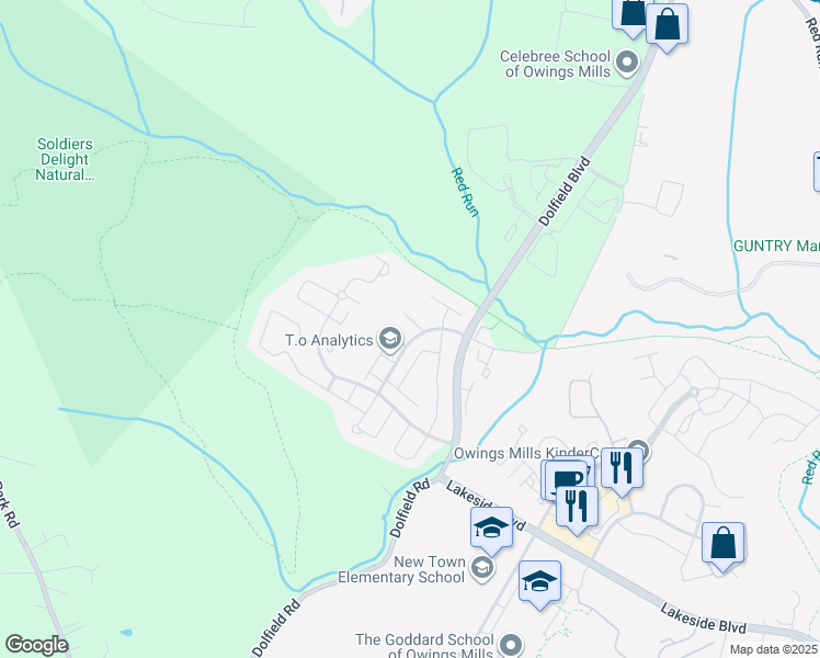 map of restaurants, bars, coffee shops, grocery stores, and more near 5001 Willow Branch Way in Owings Mills