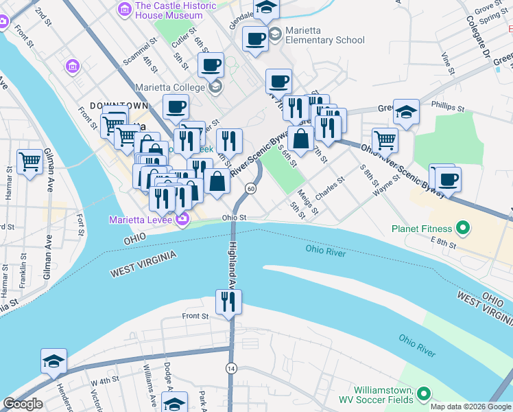 map of restaurants, bars, coffee shops, grocery stores, and more near 315-317 Ohio Street in Marietta