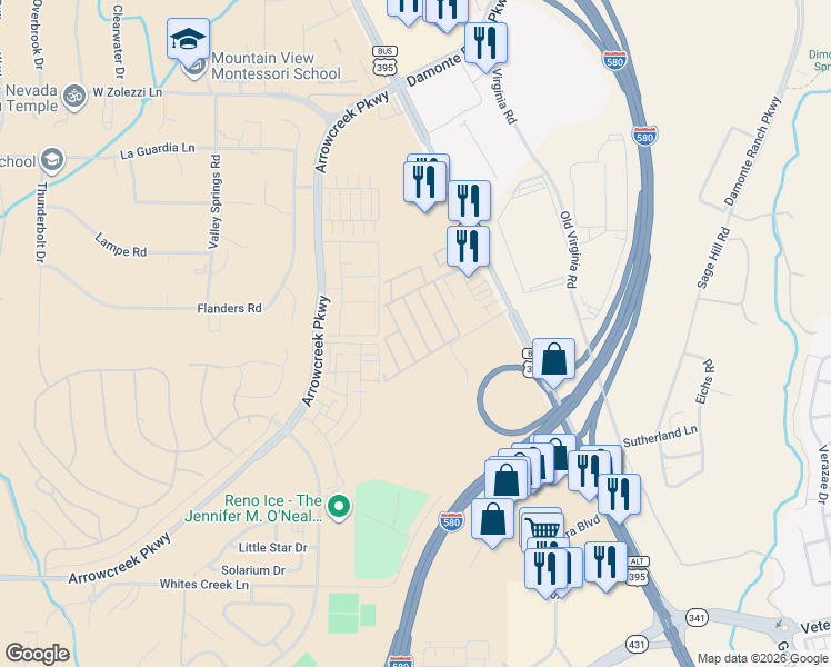 map of restaurants, bars, coffee shops, grocery stores, and more near 101-199 Brannan Way in Reno