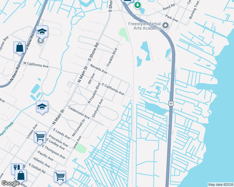 map of restaurants, bars, coffee shops, grocery stores, and more near 1417 6th Avenue in Pleasantville