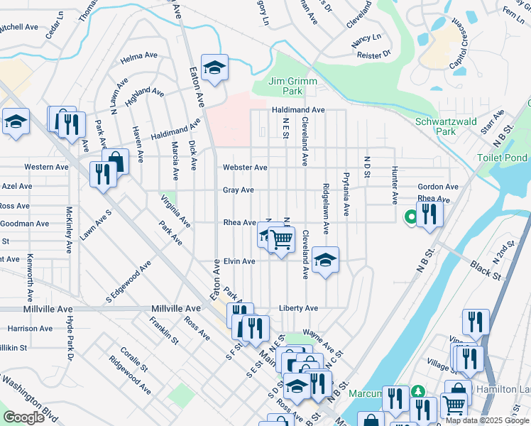 map of restaurants, bars, coffee shops, grocery stores, and more near 399 Rhea Avenue in Hamilton