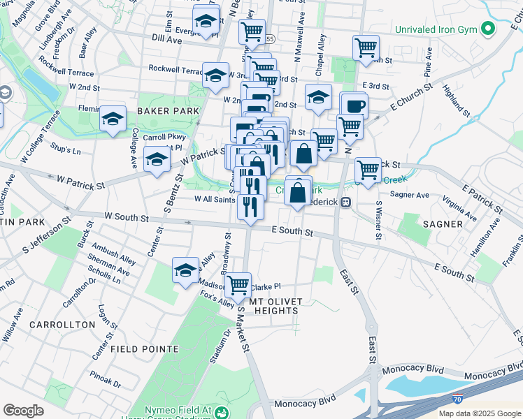 map of restaurants, bars, coffee shops, grocery stores, and more near 10 East All Saints Street in Frederick
