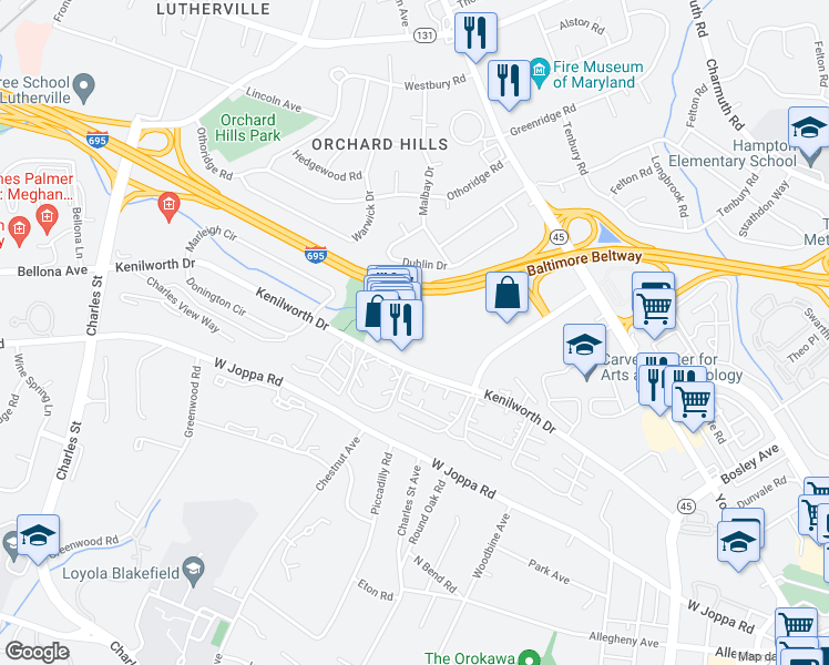 map of restaurants, bars, coffee shops, grocery stores, and more near 800 Kenilworth Drive in Towson