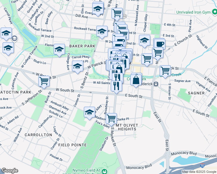map of restaurants, bars, coffee shops, grocery stores, and more near 112 Ice Street in Frederick