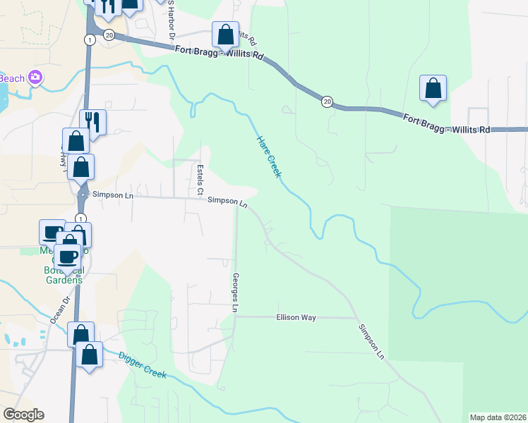 map of restaurants, bars, coffee shops, grocery stores, and more near 32450 Simpson Lane in Fort Bragg