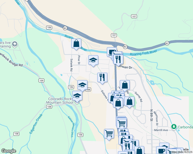 map of restaurants, bars, coffee shops, grocery stores, and more near 2605 Dolores Way in Carbondale