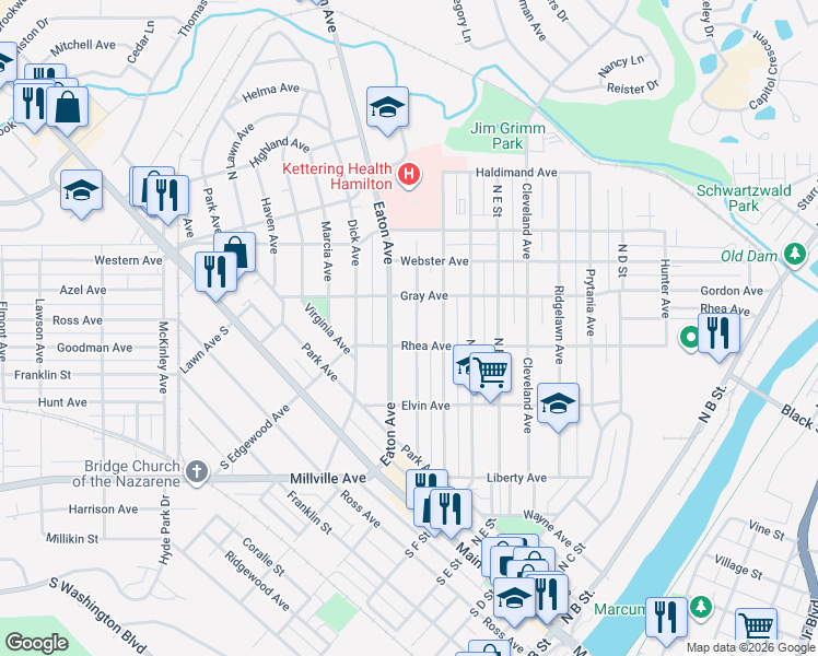 map of restaurants, bars, coffee shops, grocery stores, and more near 649 Rhea Avenue in Hamilton