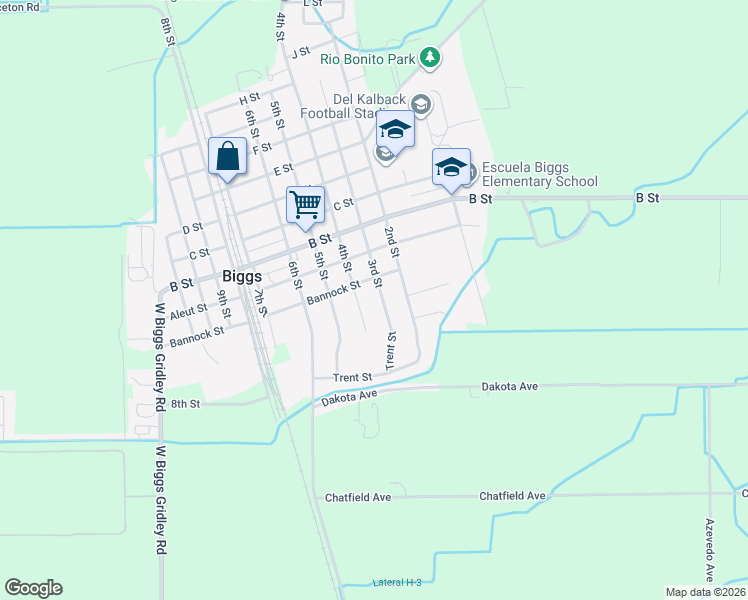 map of restaurants, bars, coffee shops, grocery stores, and more near 2913 3rd Street in Biggs