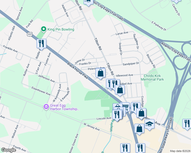 map of restaurants, bars, coffee shops, grocery stores, and more near 6672-6678 East Black Horse Pike in Egg Harbor Township