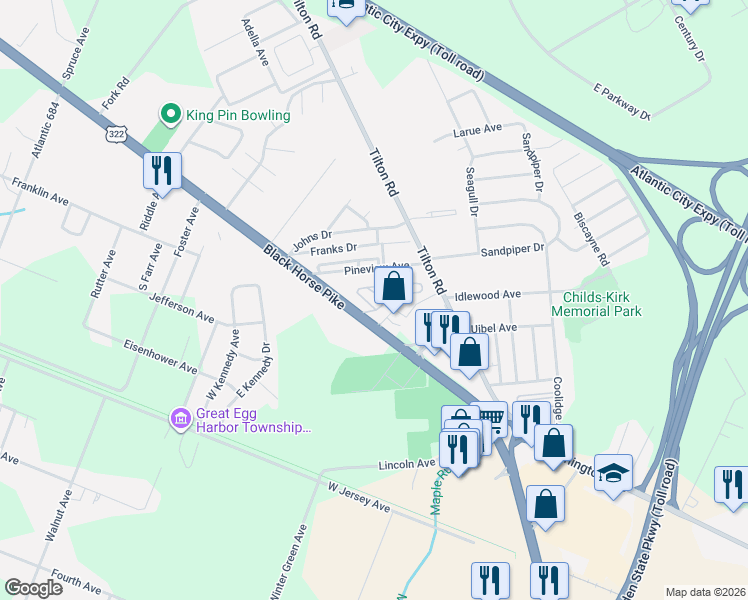 map of restaurants, bars, coffee shops, grocery stores, and more near 6672 Black Horse Pike in Egg Harbor Township