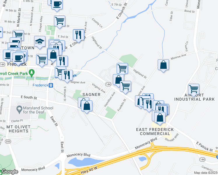 map of restaurants, bars, coffee shops, grocery stores, and more near 602 East Patrick Street in Frederick