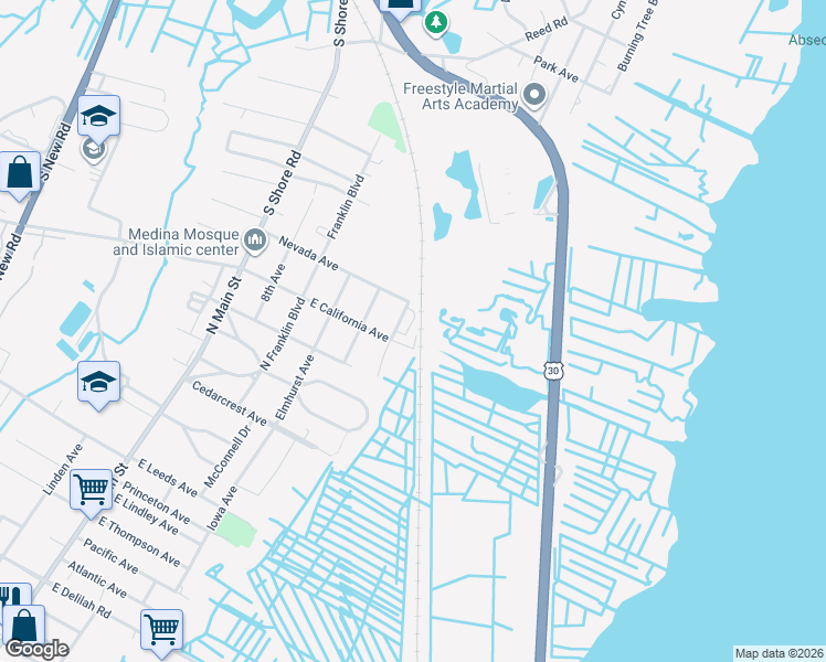 map of restaurants, bars, coffee shops, grocery stores, and more near 1501 Railroad Avenue in Pleasantville