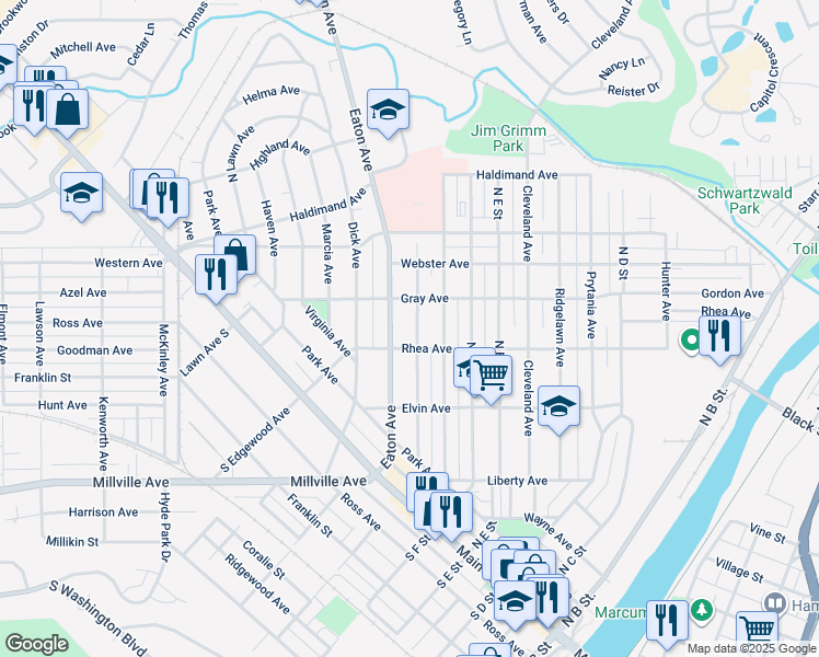map of restaurants, bars, coffee shops, grocery stores, and more near 649 Rhea Avenue in Hamilton