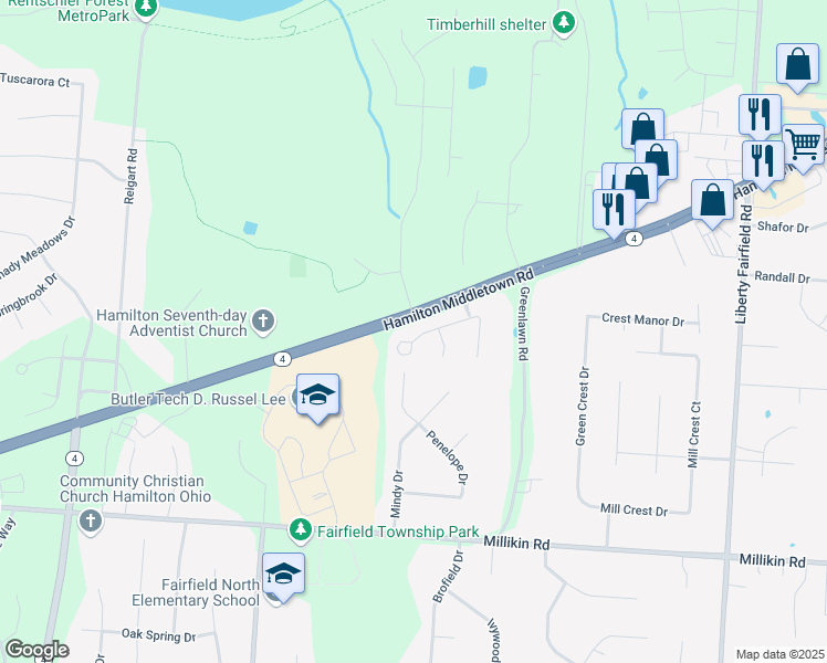 map of restaurants, bars, coffee shops, grocery stores, and more near 5574 Longbow Drive in Hamilton