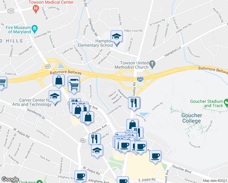 map of restaurants, bars, coffee shops, grocery stores, and more near 17 Theo Lane in Towson