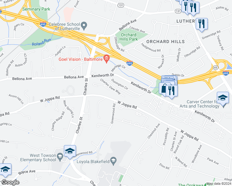 map of restaurants, bars, coffee shops, grocery stores, and more near 1007 Charles View Way in Towson
