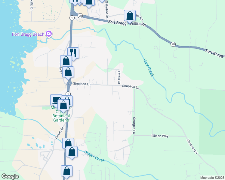 map of restaurants, bars, coffee shops, grocery stores, and more near Atkins in Fort Bragg