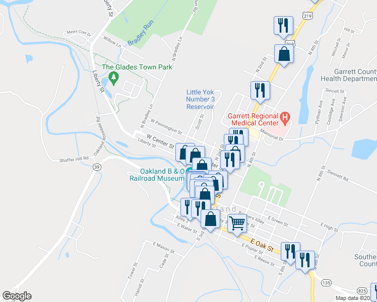 map of restaurants, bars, coffee shops, grocery stores, and more near 18 East Center Street in Oakland