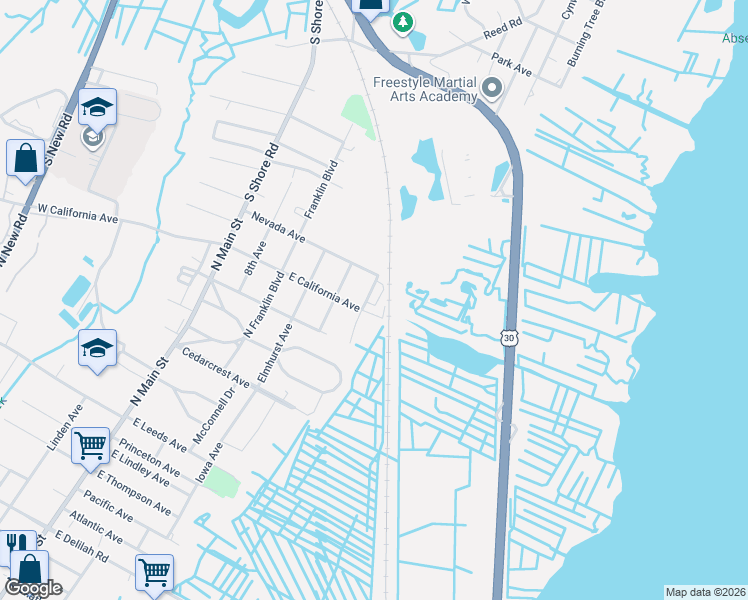 map of restaurants, bars, coffee shops, grocery stores, and more near 1501 Railroad Avenue in Pleasantville