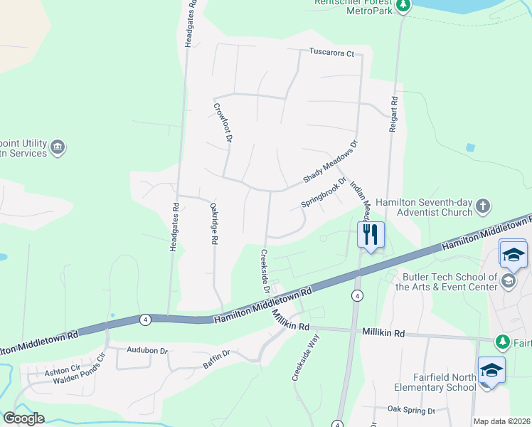 map of restaurants, bars, coffee shops, grocery stores, and more near 2958 Creekside Drive in Hamilton