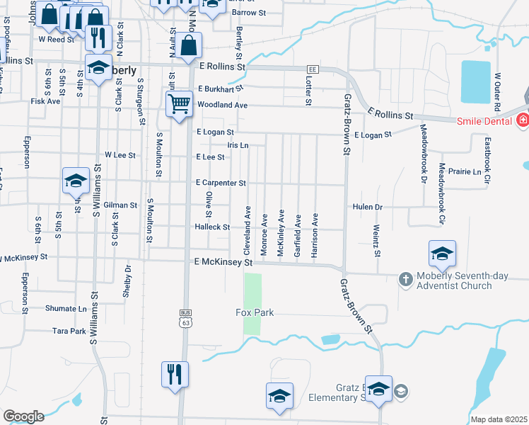 map of restaurants, bars, coffee shops, grocery stores, and more near Halleck St in Moberly