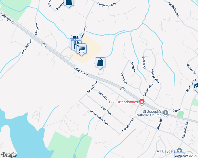 map of restaurants, bars, coffee shops, grocery stores, and more near 604 Liberty Road in Eldersburg