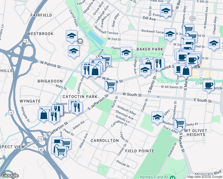 map of restaurants, bars, coffee shops, grocery stores, and more near 29 South Jefferson Street in Frederick