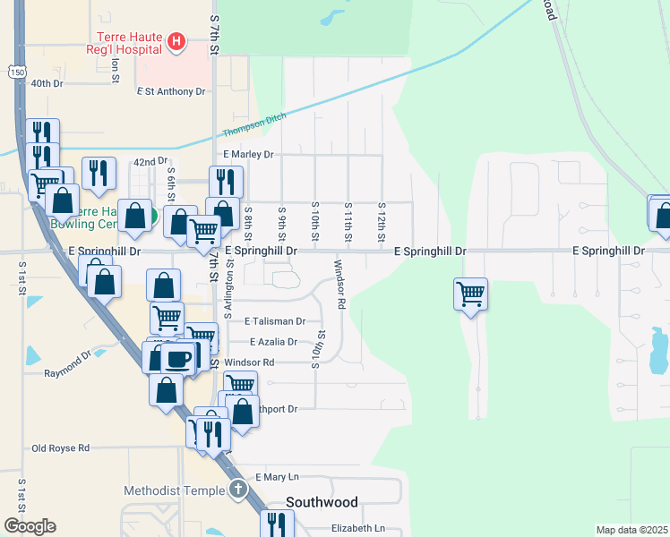 map of restaurants, bars, coffee shops, grocery stores, and more near 4499 S 11th St in Terre Haute