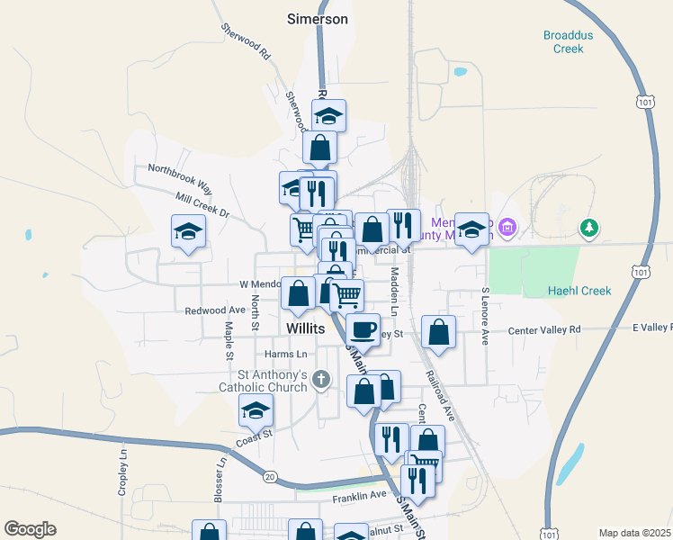 map of restaurants, bars, coffee shops, grocery stores, and more near 66 East Commercial Street in Willits