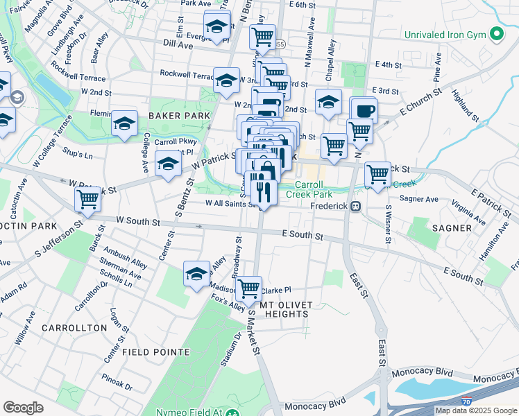 map of restaurants, bars, coffee shops, grocery stores, and more near 103 South Market Street in Frederick