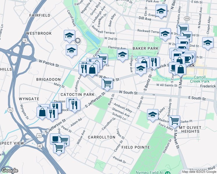 map of restaurants, bars, coffee shops, grocery stores, and more near 27 South Jefferson Street in Frederick