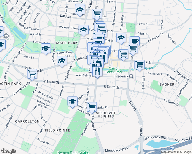 map of restaurants, bars, coffee shops, grocery stores, and more near 10 West All Saints Street in Frederick