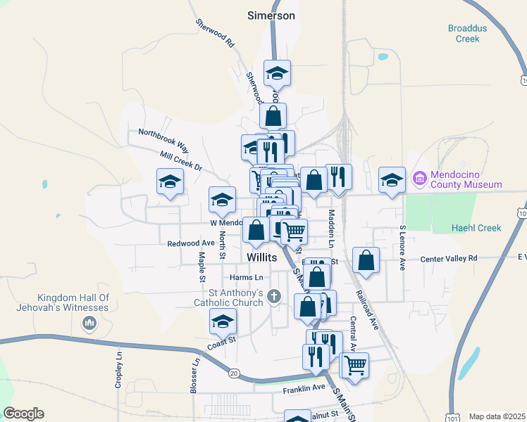 map of restaurants, bars, coffee shops, grocery stores, and more near 100-120 W Commercial St in Willits
