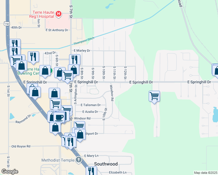 map of restaurants, bars, coffee shops, grocery stores, and more near 4301-4499 S 11th St in Terre Haute