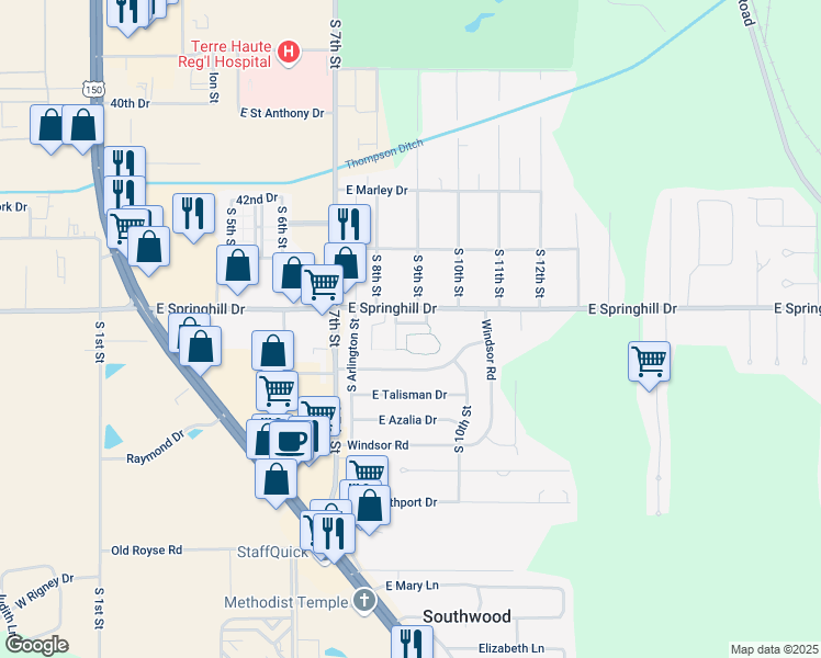 map of restaurants, bars, coffee shops, grocery stores, and more near 941 Springdale Lane in Terre Haute