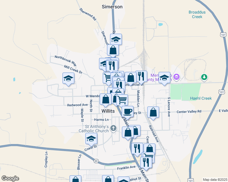 map of restaurants, bars, coffee shops, grocery stores, and more near 100 West Commercial Street in Willits