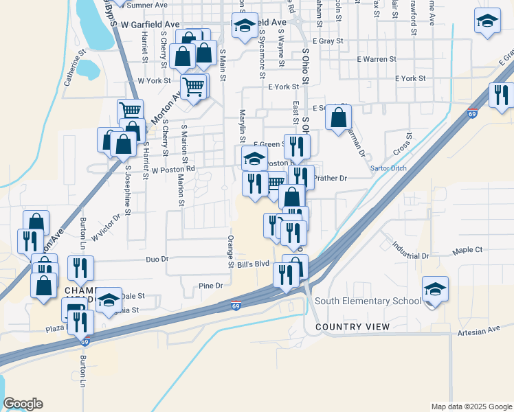 map of restaurants, bars, coffee shops, grocery stores, and more near 1608 South Ohio Street in Martinsville