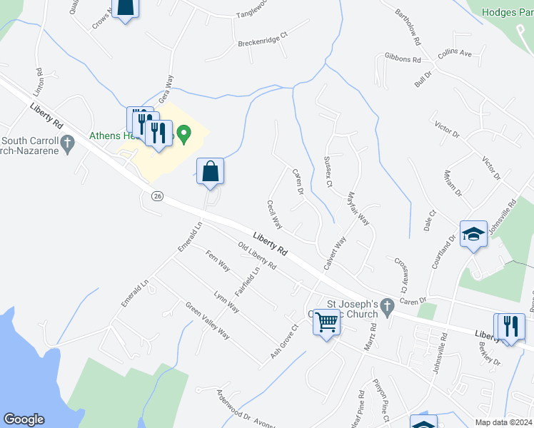 map of restaurants, bars, coffee shops, grocery stores, and more near 5970 Cecil Way in Eldersburg