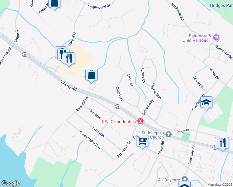 map of restaurants, bars, coffee shops, grocery stores, and more near 5970 Cecil Way in Eldersburg