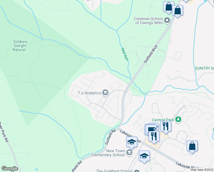 map of restaurants, bars, coffee shops, grocery stores, and more near 5004 Willow Branch Way in Owings Mills