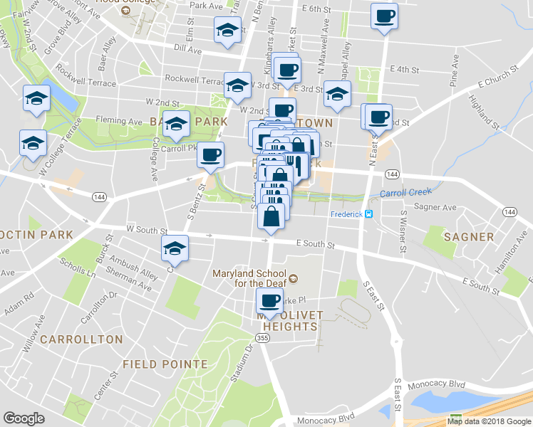 map of restaurants, bars, coffee shops, grocery stores, and more near 25 West All Saints Street in Frederick