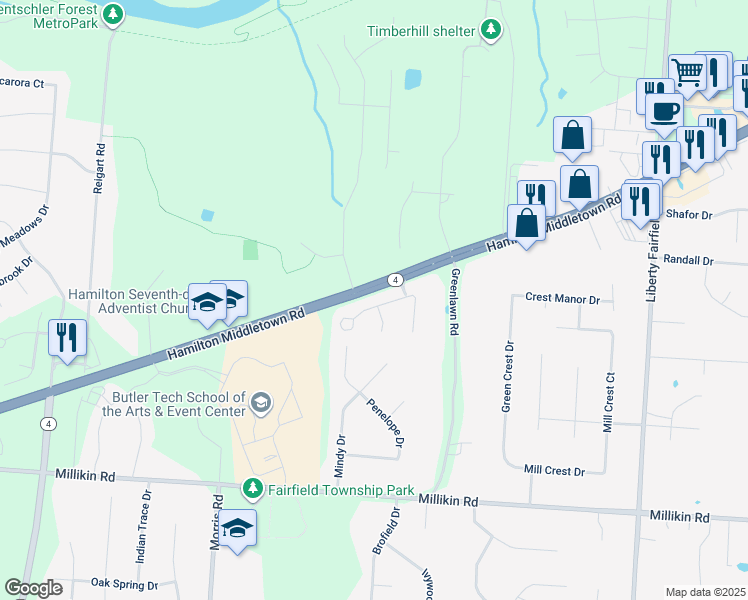 map of restaurants, bars, coffee shops, grocery stores, and more near 5614 Longbow Drive in Hamilton
