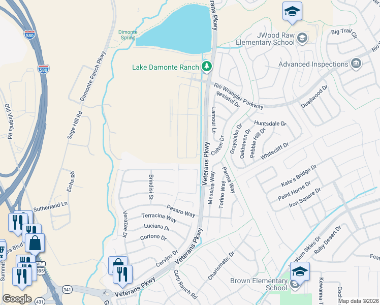 map of restaurants, bars, coffee shops, grocery stores, and more near Veterans Parkway in Reno