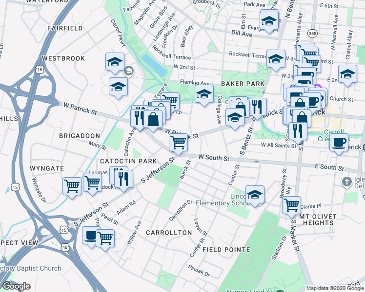 map of restaurants, bars, coffee shops, grocery stores, and more near 17 South Jefferson Street in Frederick