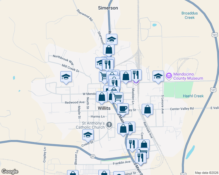 map of restaurants, bars, coffee shops, grocery stores, and more near 100-120 W Commercial St in Willits