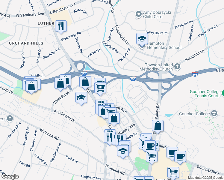 map of restaurants, bars, coffee shops, grocery stores, and more near 17 Wilfred Court in Towson