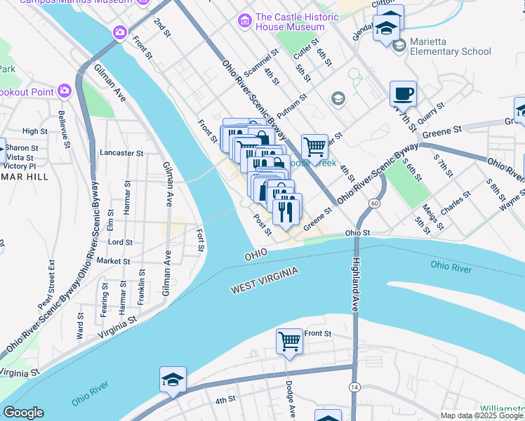 map of restaurants, bars, coffee shops, grocery stores, and more near 177 Front Street in Marietta