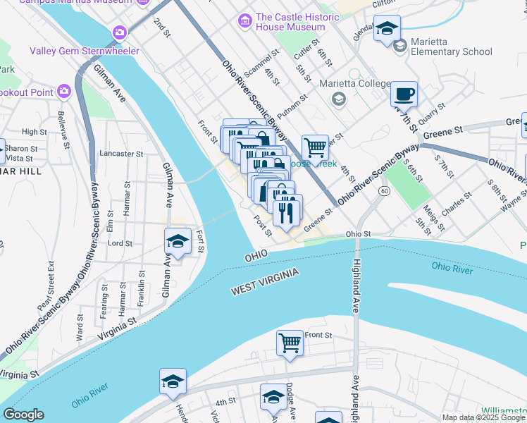 map of restaurants, bars, coffee shops, grocery stores, and more near 175 Front Street in Marietta