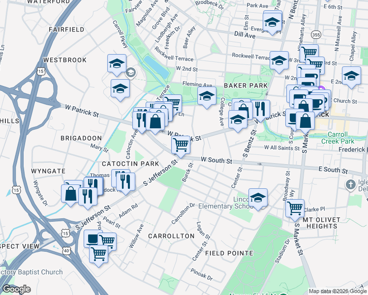 map of restaurants, bars, coffee shops, grocery stores, and more near 17 South Jefferson Street in Frederick